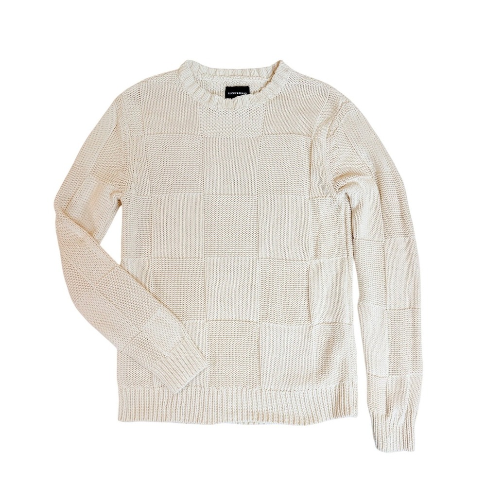 Lucky Brand Checkerboard Crewneck Sweater Mens S Cream Off White Cotton Knit